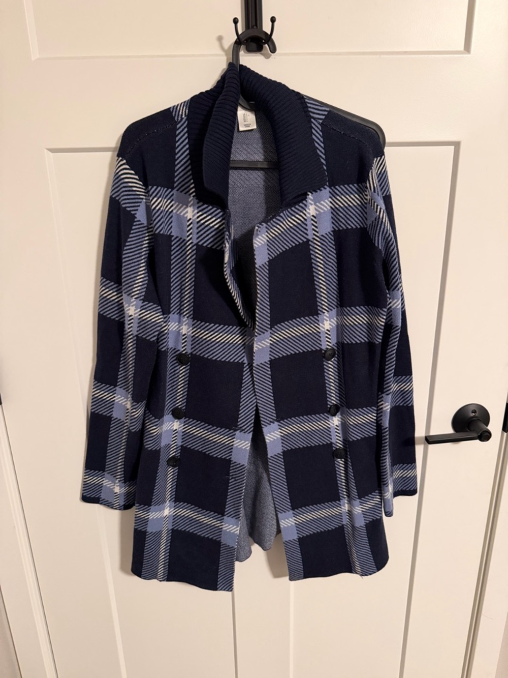 Max Studio Navy Blue Plaid Knit Coatigan